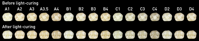 OMNICHROMA FLOW BULK in künstlichen Zähnen - vor und nach der Lichthärtung